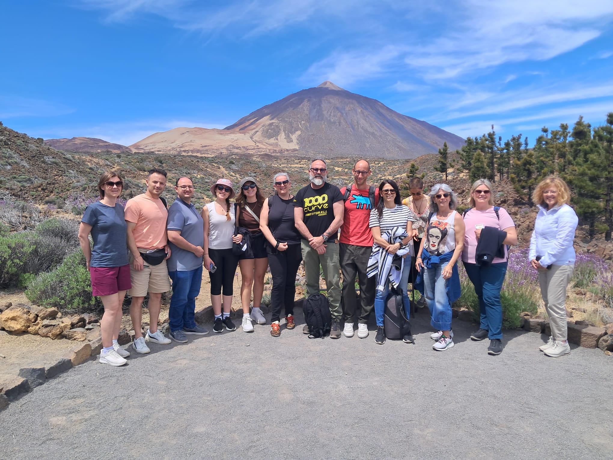 Grupo durante una excursión al Teide con el volcán al fondo